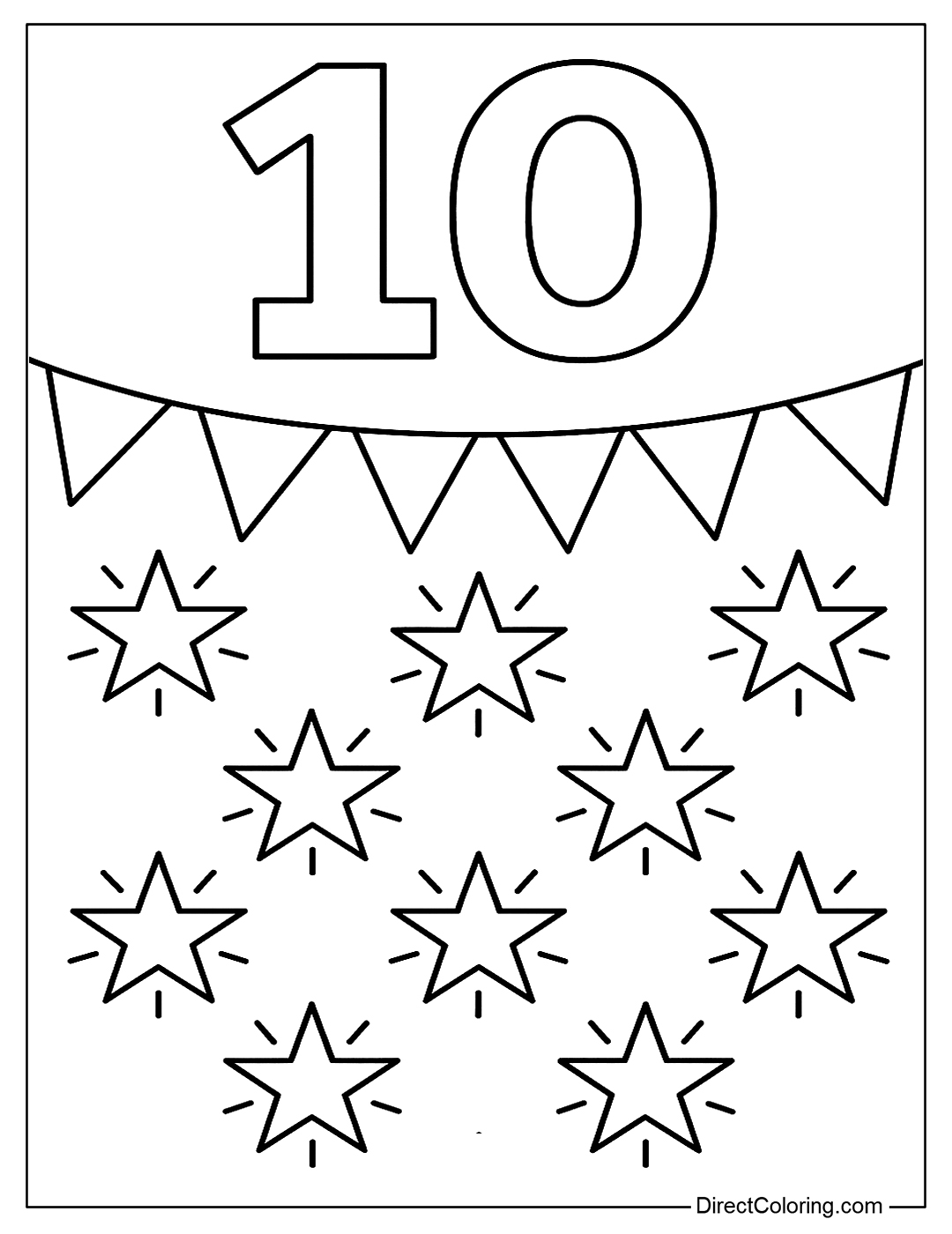 Coloring page number 10 with a row of small flags and 10 shining stars